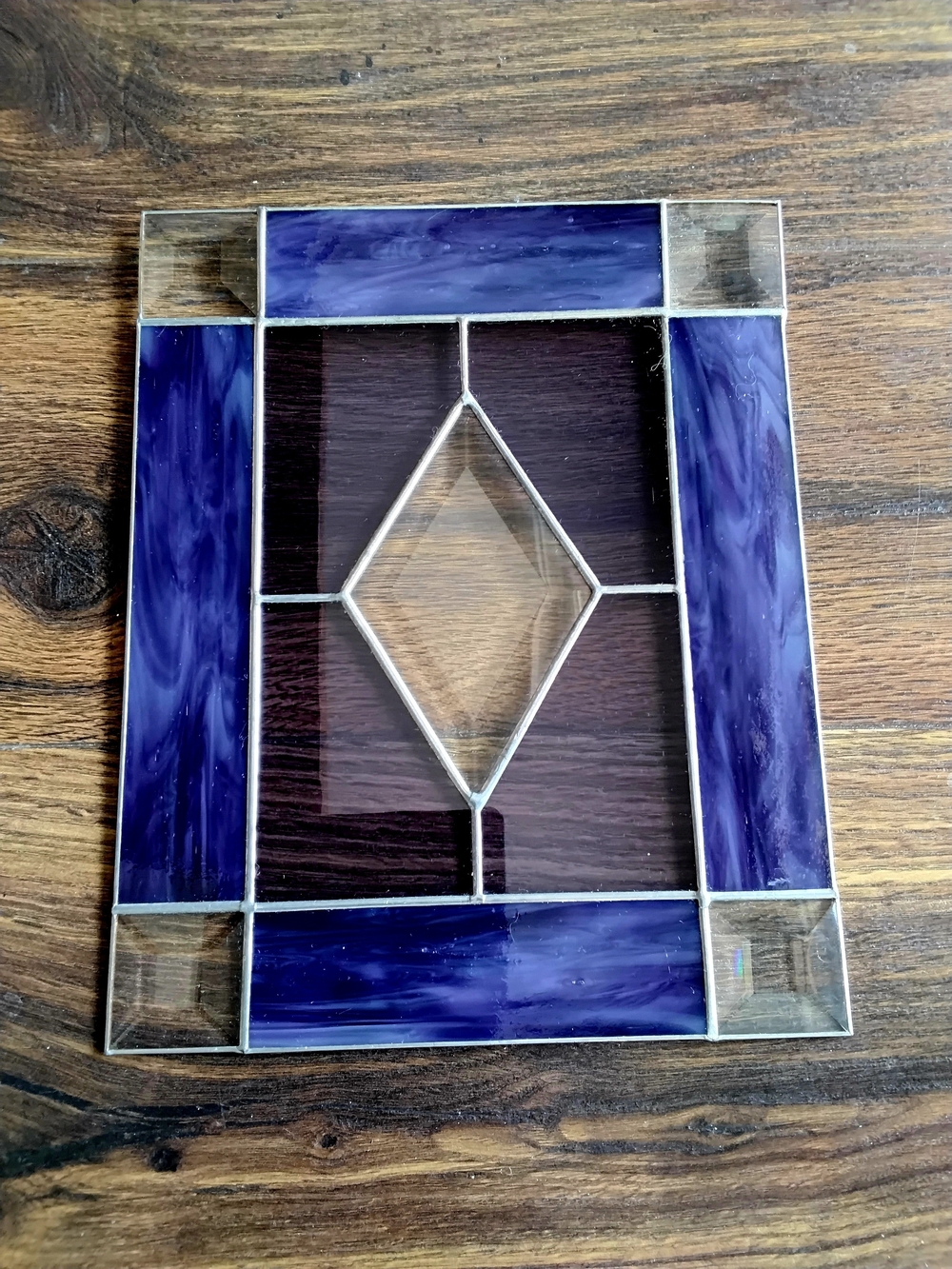 Clear Beveled & Purple Stained Glass Sun Catcher. 8" X 10" - Picture 2 of 6